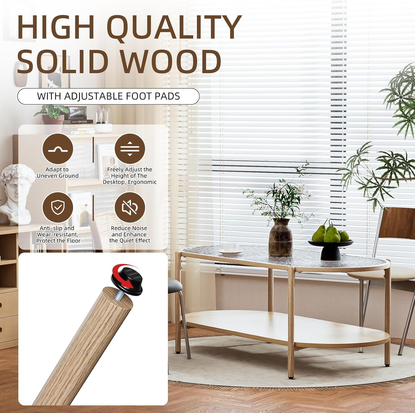 Glass Coffee Table, 44” Tea Dinner Table 2-Tier Oval Center Table Wave Pattern Tempered Glass Table Top with anti Slip Pads, for Living Room Office Cafe Reception Room Small Space Apartment