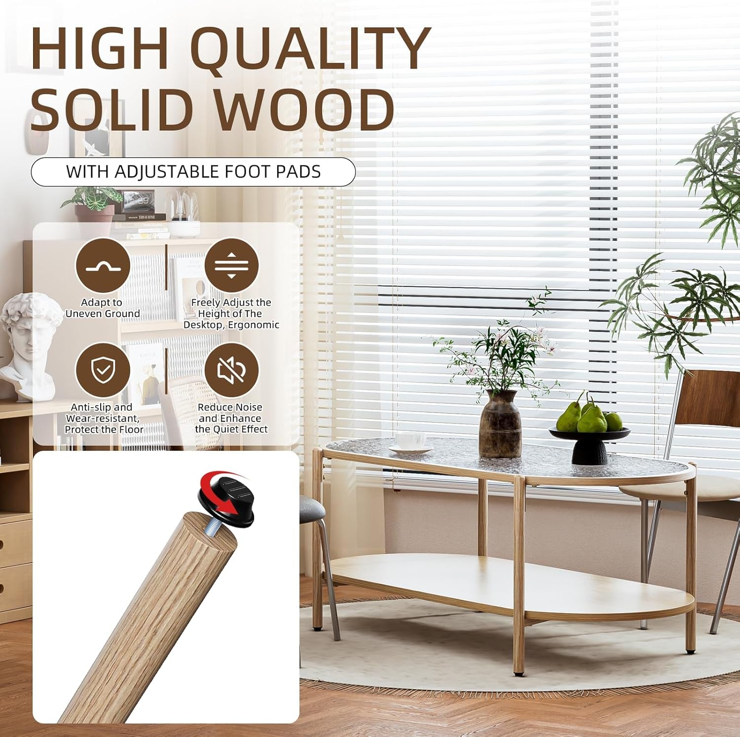 Glass Coffee Table, 44” Tea Dinner Table 2-Tier Oval Center Table Wave Pattern Tempered Glass Table Top with anti Slip Pads, for Living Room Office Cafe Reception Room Small Space Apartment