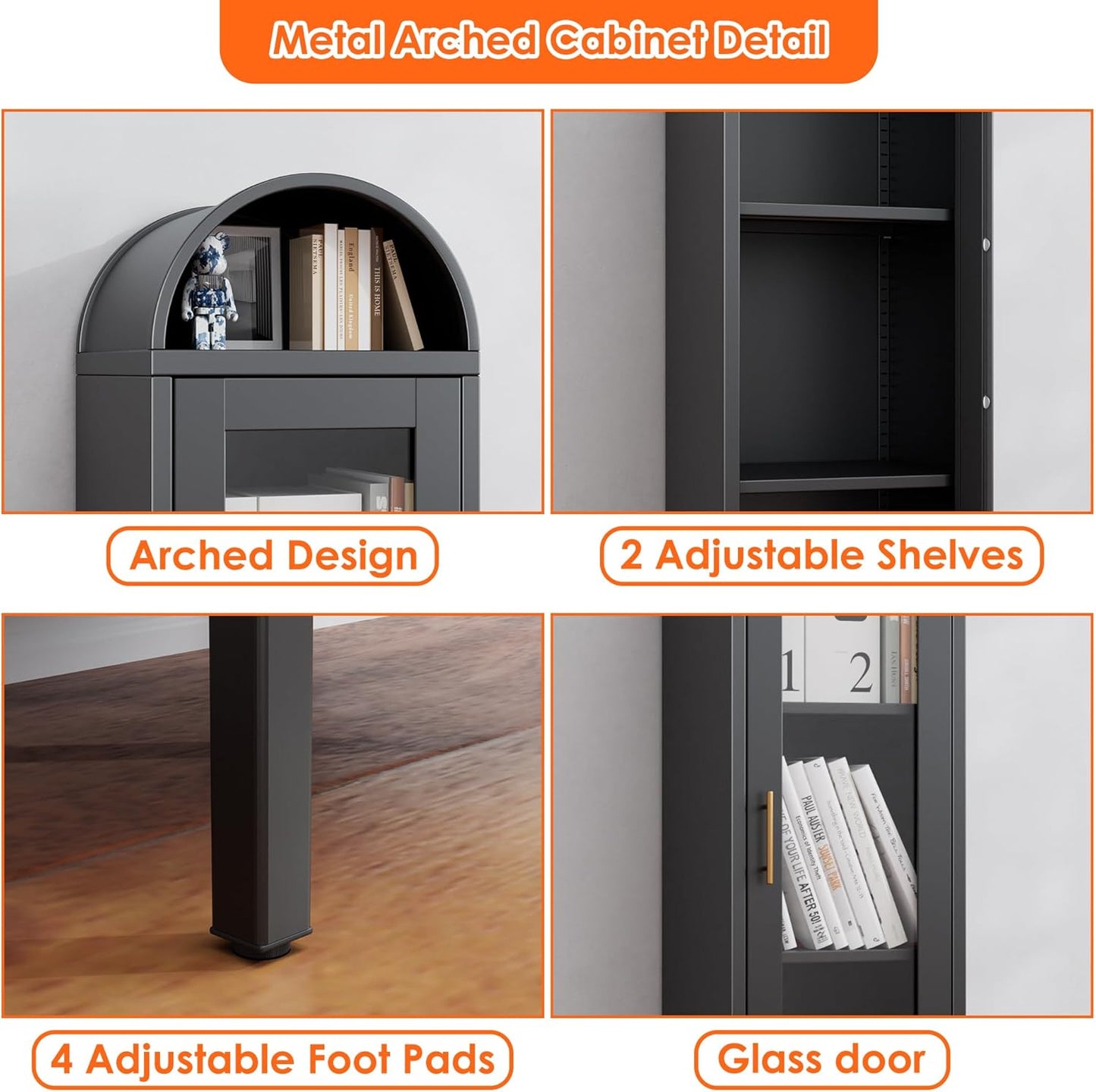 Metal Arched Display Cabinet,Arched Cabinet with Glass Doors,Assembly Required,Black