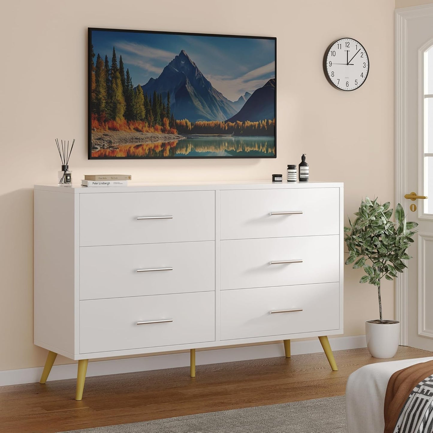 6 Drawer Dresser, Wide Chest of Drawers Organizer Storage with Drawers, Large Storage Cabinet, Modern Design Dresser for Bedroom, Living Room, Porch, White
