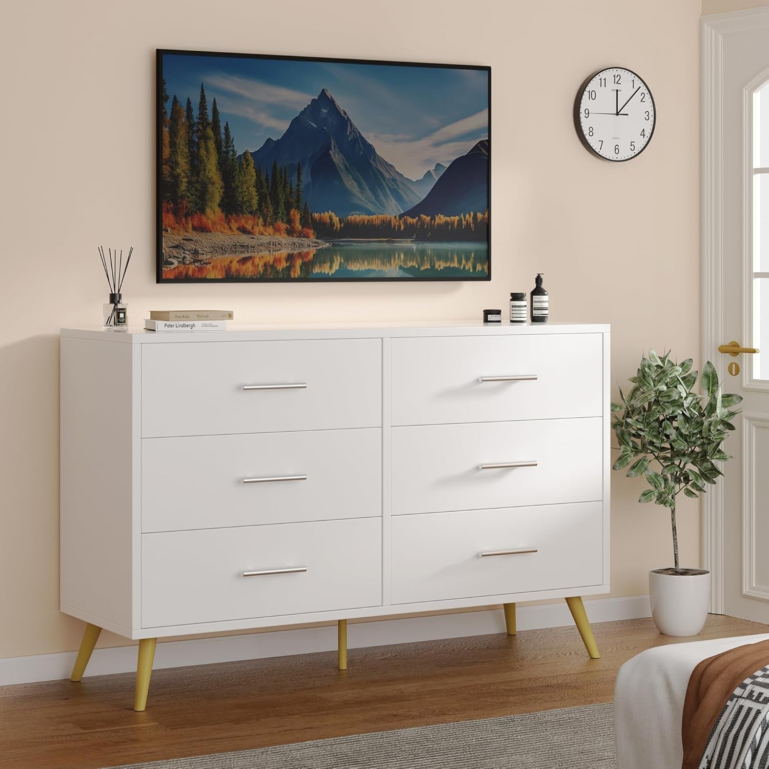 6 Drawer Dresser, Wide Chest of Drawers Organizer Storage with Drawers, Large Storage Cabinet, Modern Design Dresser for Bedroom, Living Room, Porch, White