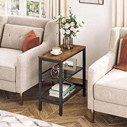 End Table, 3-Tier Narrow Side Table, Nightstand with 2 Flat or Slant Adjustable Shelves for Small Spaces, Hallway, Living Room, Bedroom, Sturdy, Easy Assembly, Rustic Brown and Black BF23BZ01G1