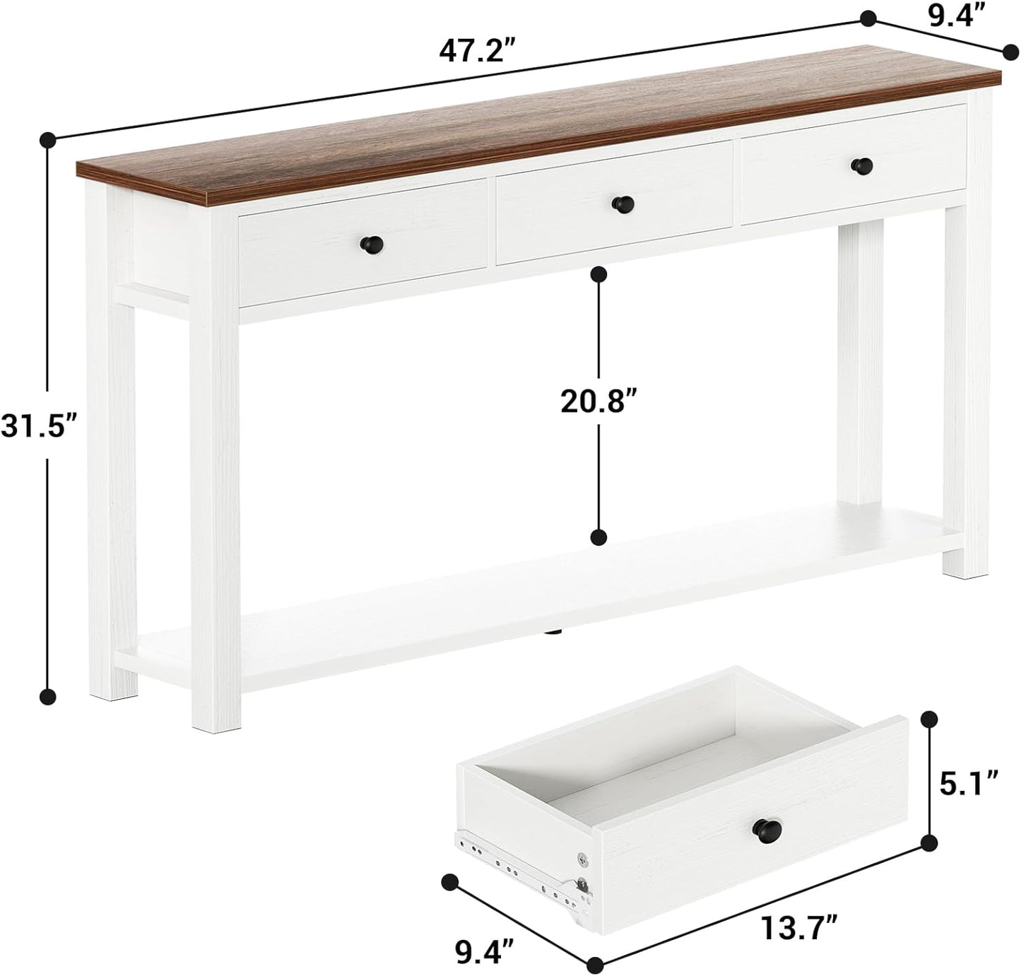 Farmhouse Console Table with 3 Drawers, 47 Inch Wood Sofa Table with Storage Shelf for Living Room, behind Couch, Entryway Table for Hallway, Living Room, or Foyer, Rustic Brown and White