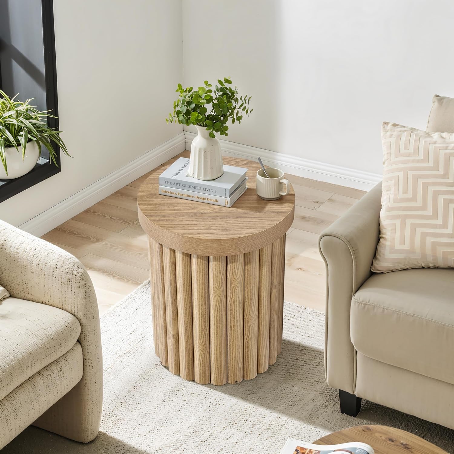 Luxenhome round Side Table, 19" H Fluted Side Table for Small Spaces, Mid Century Modern Small End Table, Wooden Accent Tables, Couch Side Tables, round Nightstand for Living Room, Bedroom