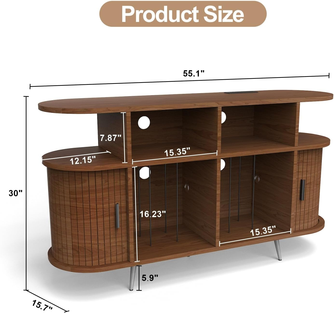 Solid Wood Large Circular Record Player Stand, Vinyl Record Storage Cabinet, Record Player Stand with Power Strip and USB Port, Suitable for Bedroom and Living Room (Walnut, Large)