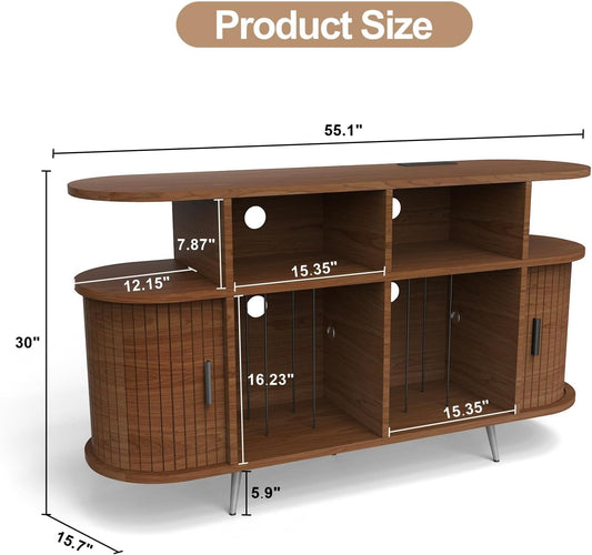 Solid Wood Large Circular Record Player Stand, Vinyl Record Storage Cabinet, Record Player Stand with Power Strip and USB Port, Suitable for Bedroom and Living Room (Walnut, Large)