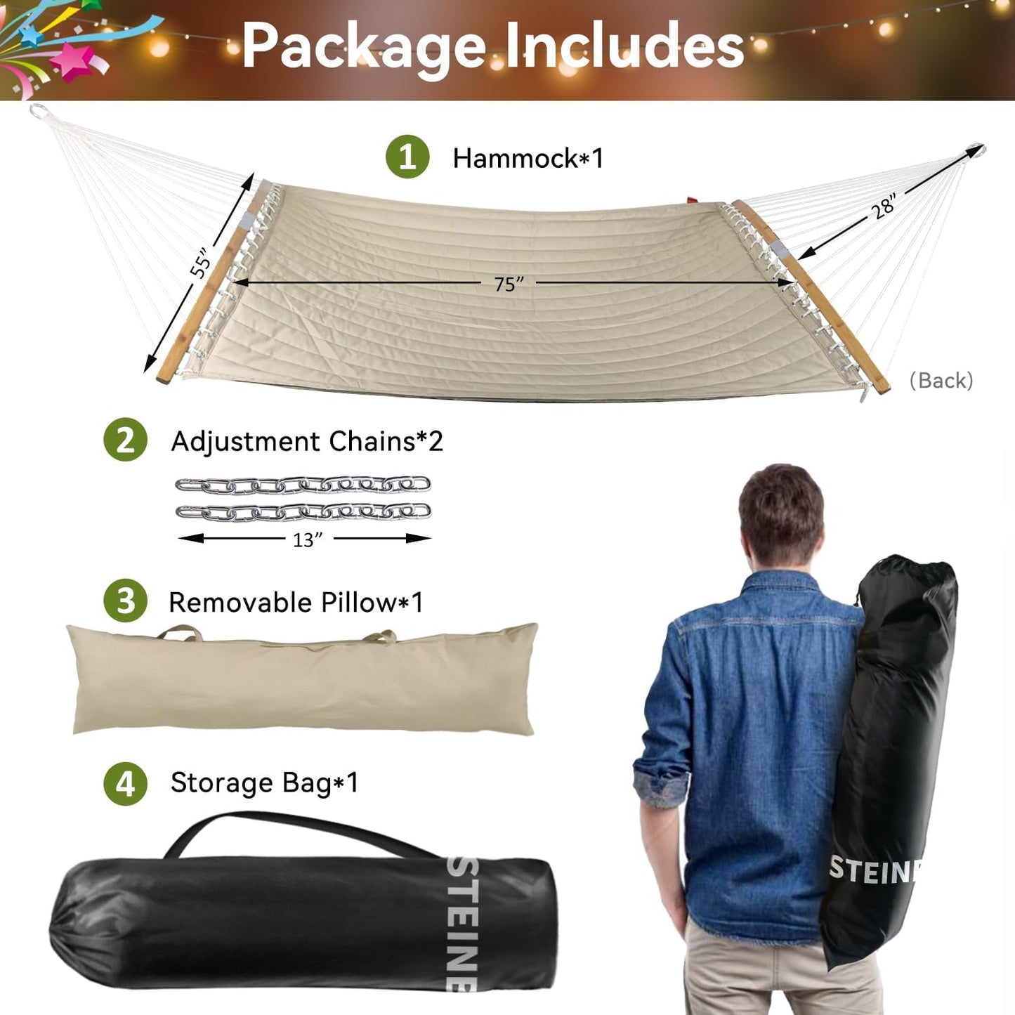 Double Hammock, 11 FT Quilted Fabric 2 Person Hammock for outside with Pillow, Folding Curved Spreader Bar, Chains, Carrying Bag, Indoor Outdoor, 450 IB Capacity, Jeansblue