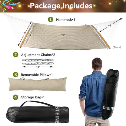 Double Hammock, 11 FT Quilted Fabric 2 Person Hammock for outside with Pillow, Folding Curved Spreader Bar, Chains, Carrying Bag, Indoor Outdoor, 450 IB Capacity, Jeansblue