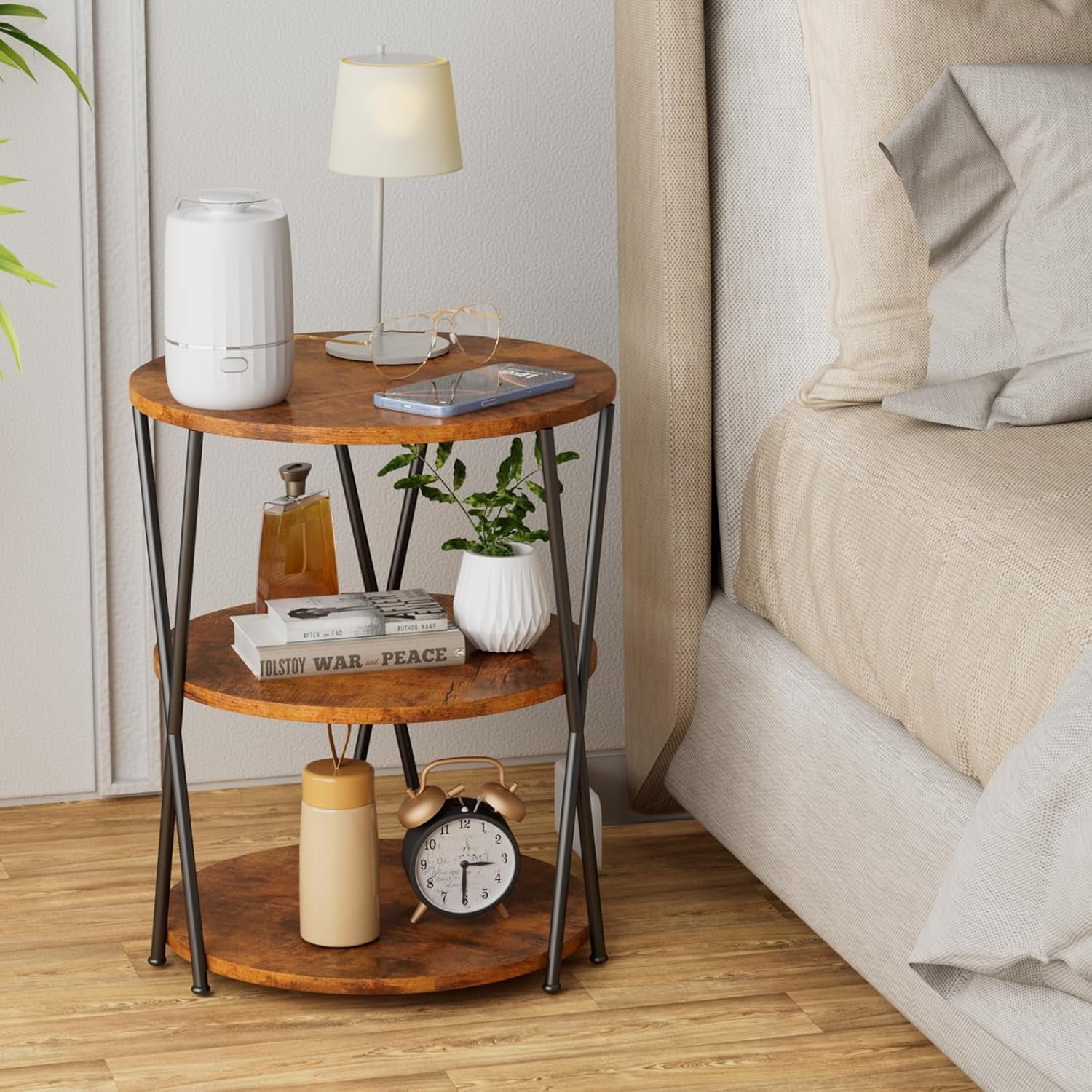 Big Side Table, 3-Tier Large Size round End Table with X-Leg Design, Nightstand Bedside Table for Living Room, Bedroom, Drink Table Coffee Table for Patio, Indoor Outdoor Use, 16.5''X16.5''X22.8''