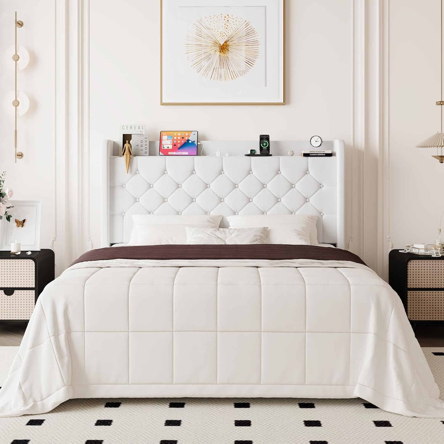 Queen Size Bed Frame, Storage Headboard with Charging Station, Wingback Velvet Upholstered, Diamond Stitched Button Tufted, Sturdy Wooden Slats, No Box Spring Needed, Easy Assembly, White