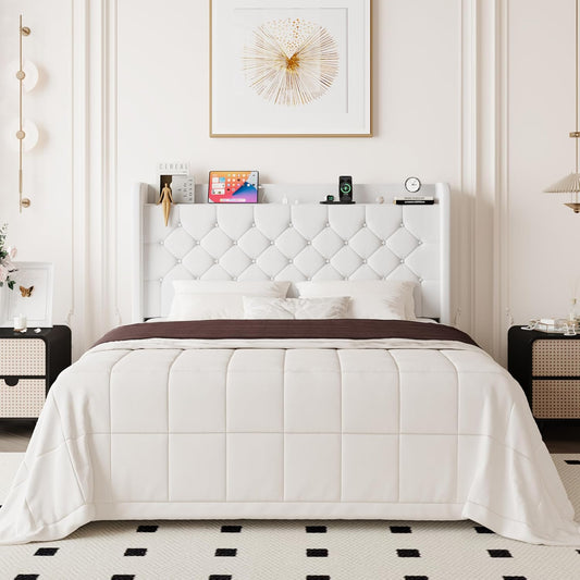 Queen Size Bed Frame, Storage Headboard with Charging Station, Wingback Velvet Upholstered, Diamond Stitched Button Tufted, Sturdy Wooden Slats, No Box Spring Needed, Easy Assembly, White