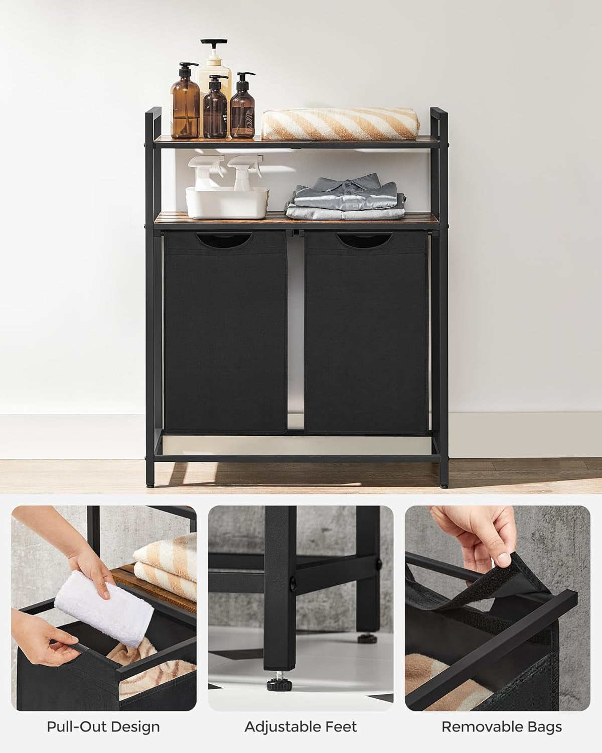 Laundry Hamper, Laundry Basket, Laundry Sorter with 2 Pull-Out and Removable Bags, 2 Shelves, 12.1 Gal (46L) Capacity per Bag, for Laundry Room, Rustic Brown and Black UBLH211B01