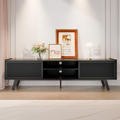 Black TV Stand for 65 70 Inch TV, Modern Iron Rattan TV Console with Sliding Door, Entertainment Center with Storage and Adjustable Shelves, Media Console for Living Room and Bedroom