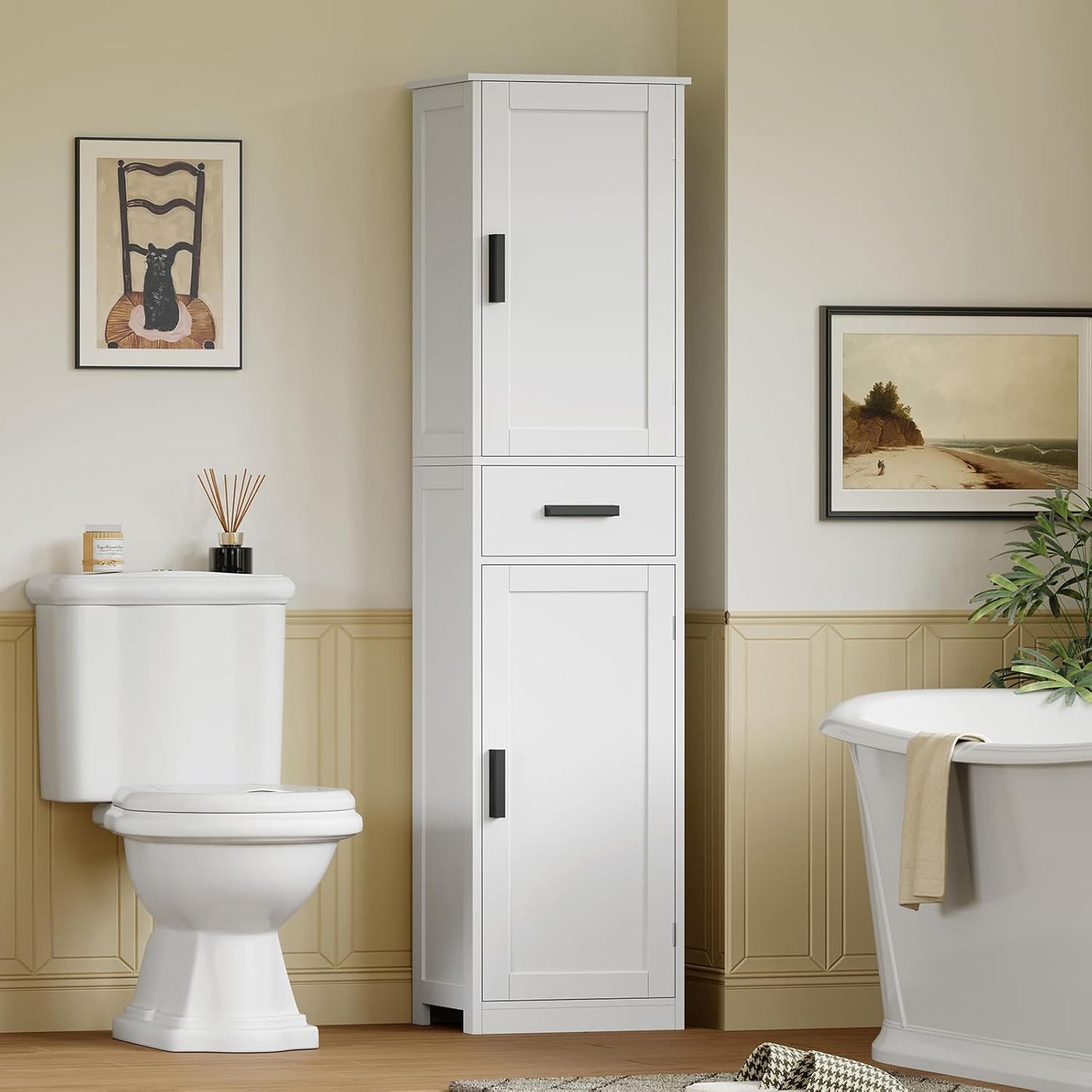 67'' Tall Bathroom Cabinet, Storage Cabinet with 4 Shelves & 2 Doors, Narrow Storage Cabinets for Bathroom, Living Room, Home Office, White