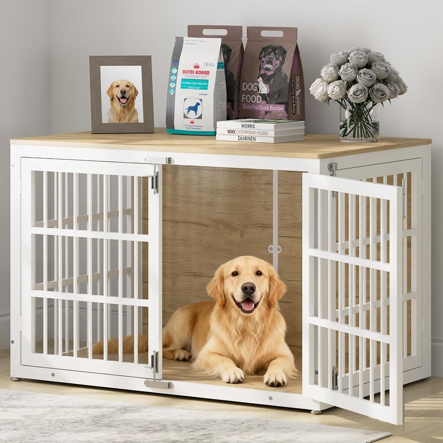 48" Heavy Duty Dog Crate Furniture, Wooden Dog Cage Kennel for Lrage and Extra Large Dogs, Dog Kennel Indoor with Side Door, Decorative Pet House End Table, White and Natural