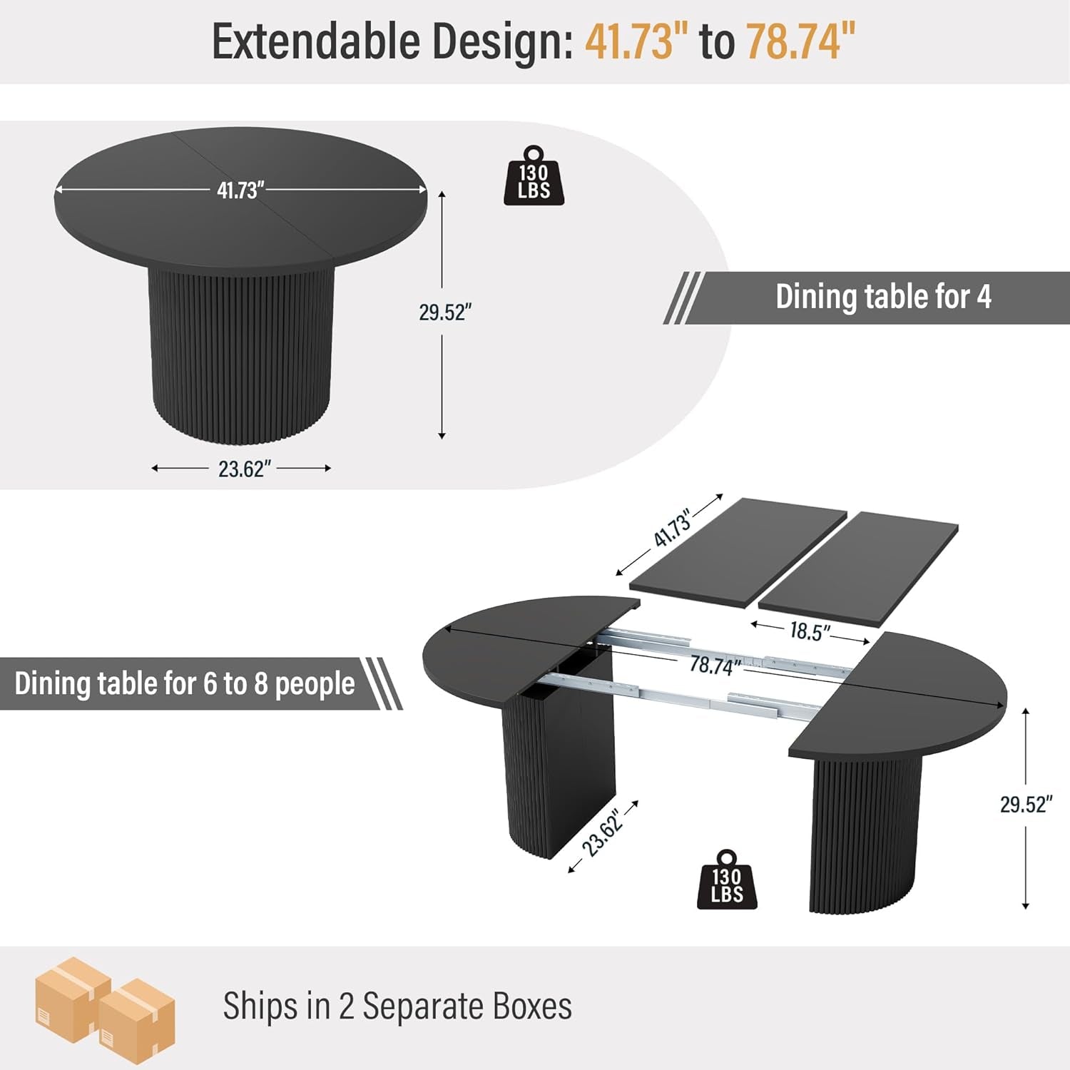 41 In-78 in Extendable Dining Room Table for 4-8, round Expandable Kitchen Table with Fluted Base, Modern Oval Dinner Tables for Dining Room Kitchen Living Room (Black)