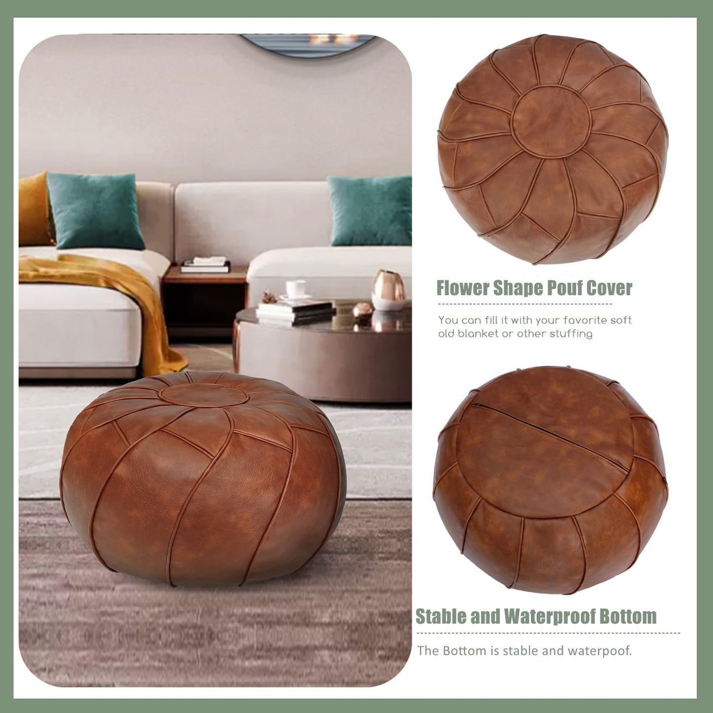 round Unstuffed Pouf Cover, Leather Foot Stool Ottoman with Storage, Bean Bag Floor Chair, Multi Functional Footrest for Living Room, Bedroom or Balcony (Brown)