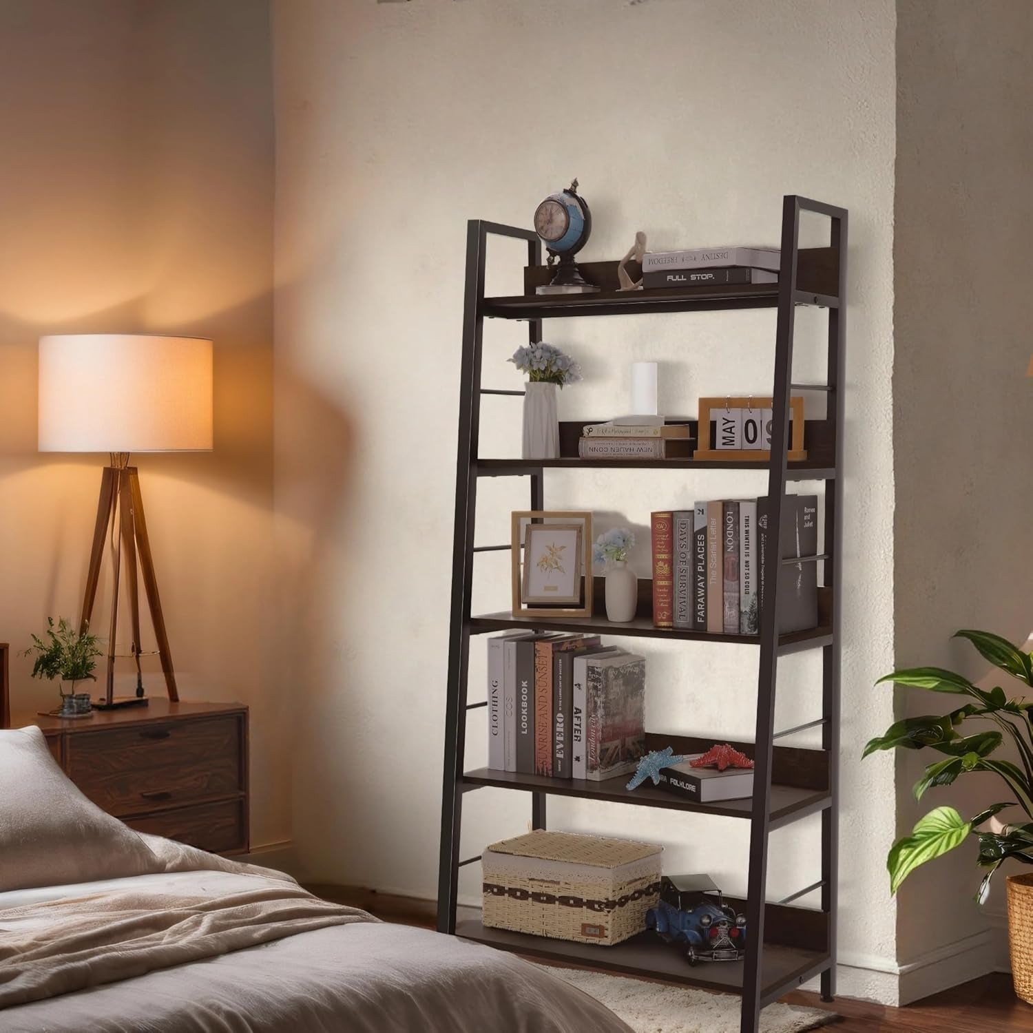 5 Tier Book Shelf, Rustic Industrial Ladder Bookshelf Wood Metal, Dark Brown Farmhouse 28'' Wide 59''Tall Ladder Shelf Living Room, Bedroom, Home Office