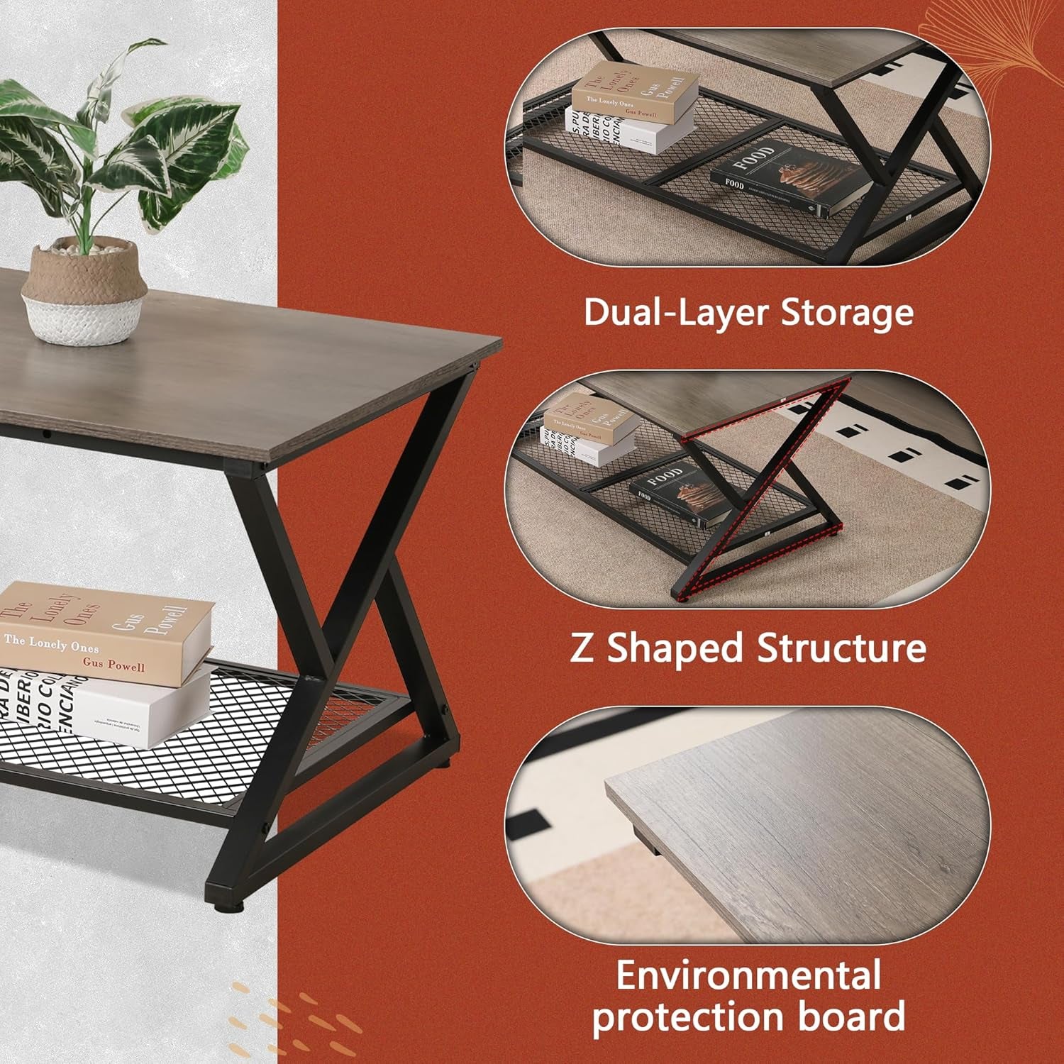 Coffee Table with Storage Shelf, Industrial Metal Wood Living Room Tables, Rectangle Center Table 39 Inch, Vintage Simple 2 Tier Cocktail Table, Grey