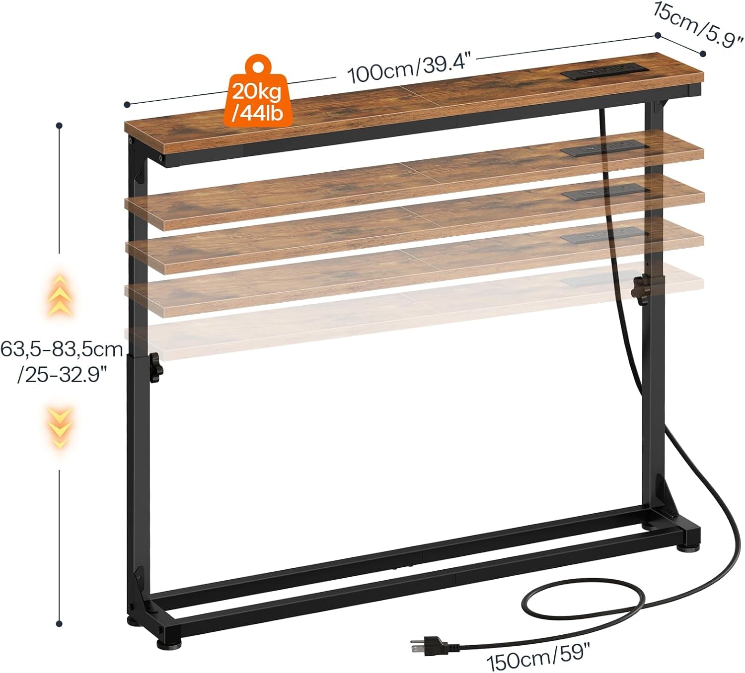Narrow Console Table with Adjustable Height (25''-32.9''), behind Couch Table with Charging Station, 39.4"W X 5.9"D Skinny Sofa Entryway Table, for Living Room, Hallway, Rustic Brown BF95UXG01
