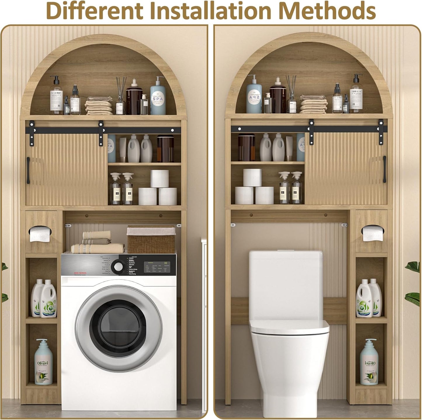 Over the Toilet Storage Cabinet, Bathroom Organizer over Toilet with Sliding Doors, Arched Storage Organizer Cabinet with Anti-Tip Device and Adjustable Shelf for Bathroom, Natural