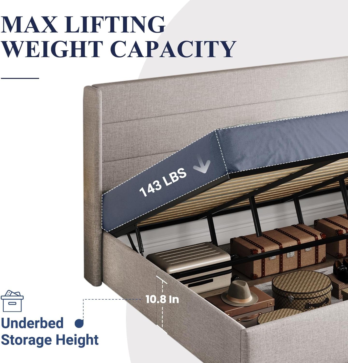 King Size Lift up Storage Bed, Modern Wingback Headboard, Hydraulic Support, No Box Spring Needed, Light Beige