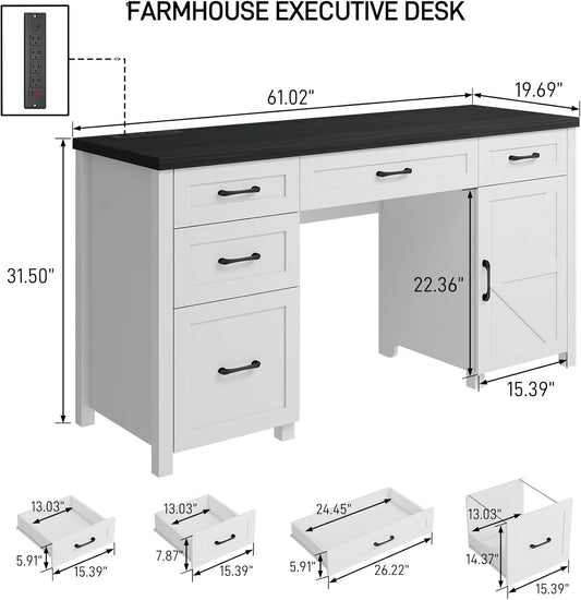 Farmhouse 61" Executive Desk with 5 Drawers,Rustic Office Computer Desk with Charging Station,File Drawers and Storage Cabinet, Wood Workstation for Home Office and Study, Black.