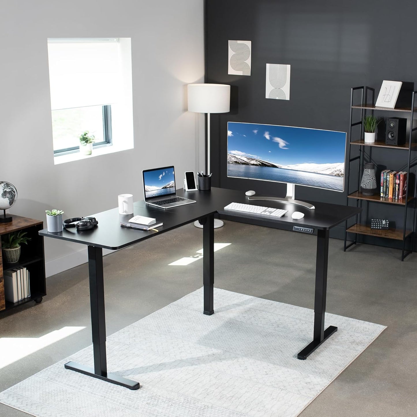 Corner Standing Desk, 63 X 55 Inch Reversible L-Shaped Workstation, Electric Height Adjustment, Home, Office, and Reception Rooms, Black Table Top Black Frame, DESK-E3CTB
