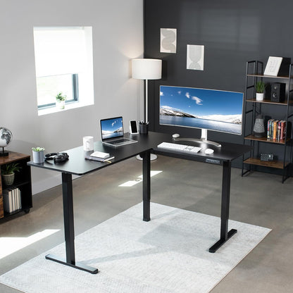Corner Standing Desk, 63 X 55 Inch Reversible L-Shaped Workstation, Electric Height Adjustment, Home, Office, and Reception Rooms, Black Table Top Black Frame, DESK-E3CTB