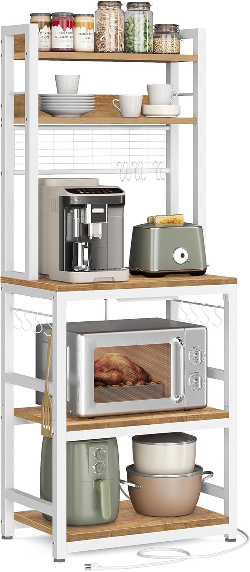 Hutch Bakers Rack with Power Outlet, 14 Hooks Microwave Stand, Adjustable Coffee Bar with Metal Wire Panel, Kitchen Storage Shelf, 15.7 X 23.6 X 66.9 Inches, Rustic Walnut and White UKKS037W41