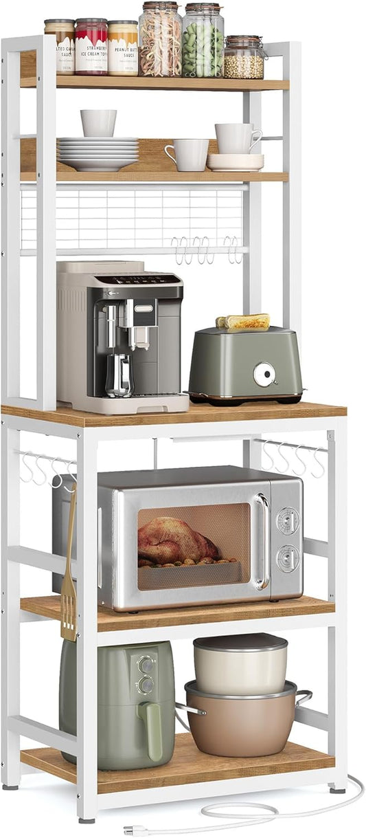 Hutch Bakers Rack with Power Outlet, 14 Hooks Microwave Stand, Adjustable Coffee Bar with Metal Wire Panel, Kitchen Storage Shelf, 15.7 X 23.6 X 66.9 Inches, Rustic Walnut and White UKKS037W41