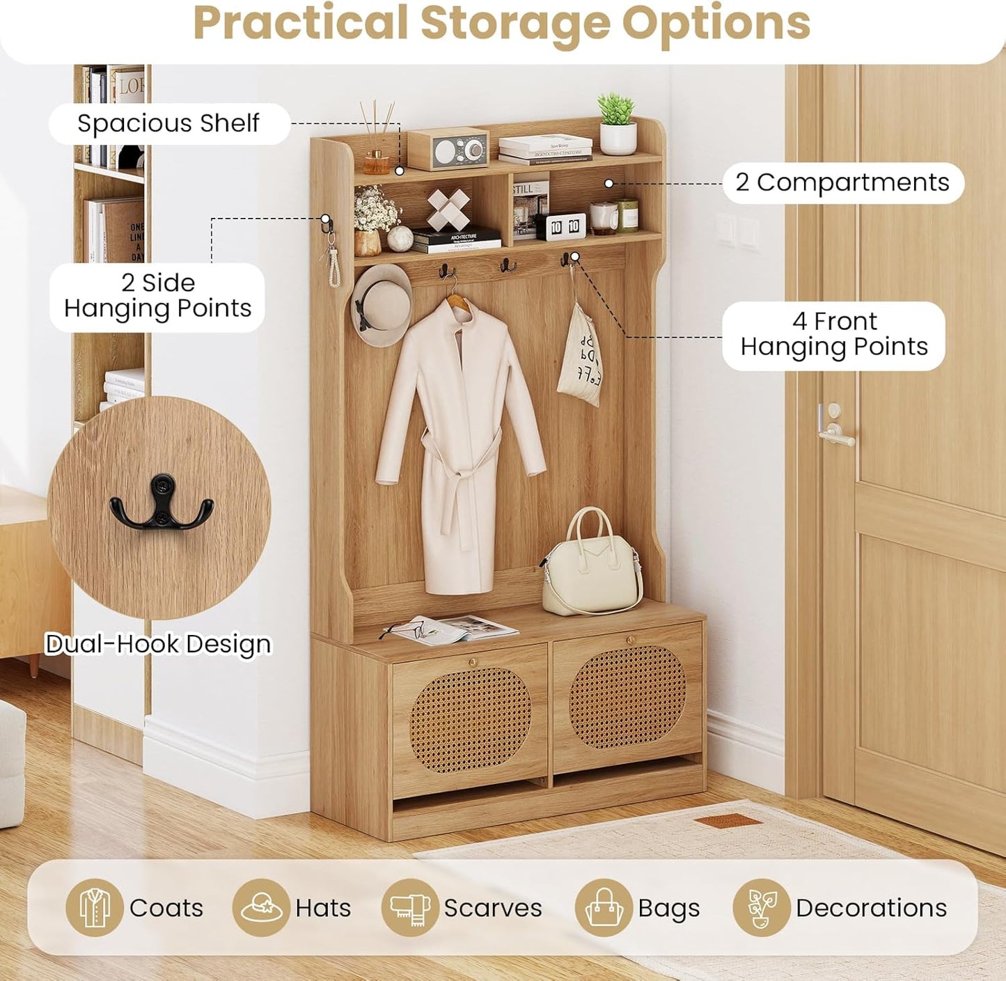 4-In-1 Hall Tree, Entryway Bench with Coat Rack & Flip Drawers, Farmhouse Storage Organizer with 6 Dual-Hook Hangers & PE Rattan Doors, Ideal for Entryway Living Room Mudroom (Natural)