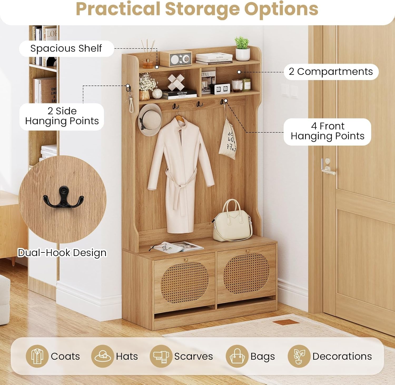 4-In-1 Hall Tree, Entryway Bench with Coat Rack & Flip Drawers, Farmhouse Storage Organizer with 6 Dual-Hook Hangers & PE Rattan Doors, Ideal for Entryway Living Room Mudroom (Natural)