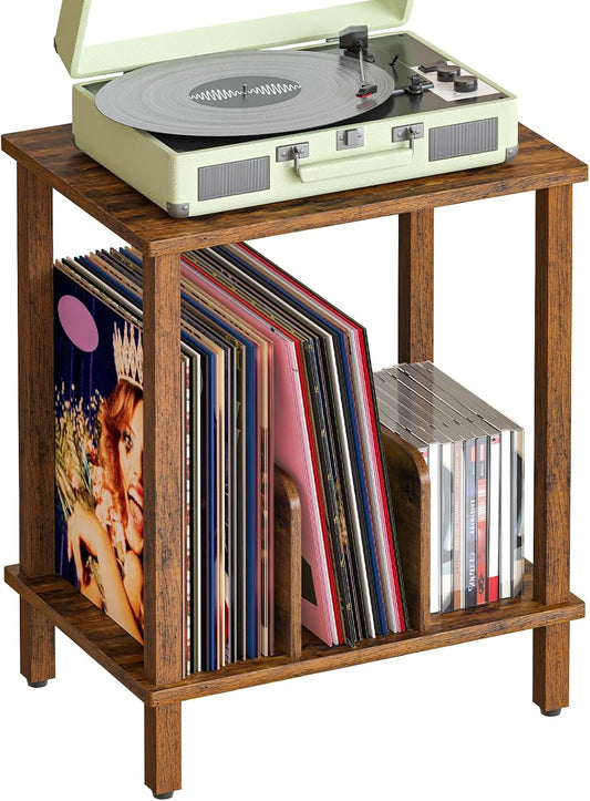 Small End Table, 2-Tier Record Player Stand Vinyl Record Turntable Stand with Storage up to 100 Albums, Small Side Table for Living Room, Bedroom Rustic Brown, FG05RS01
