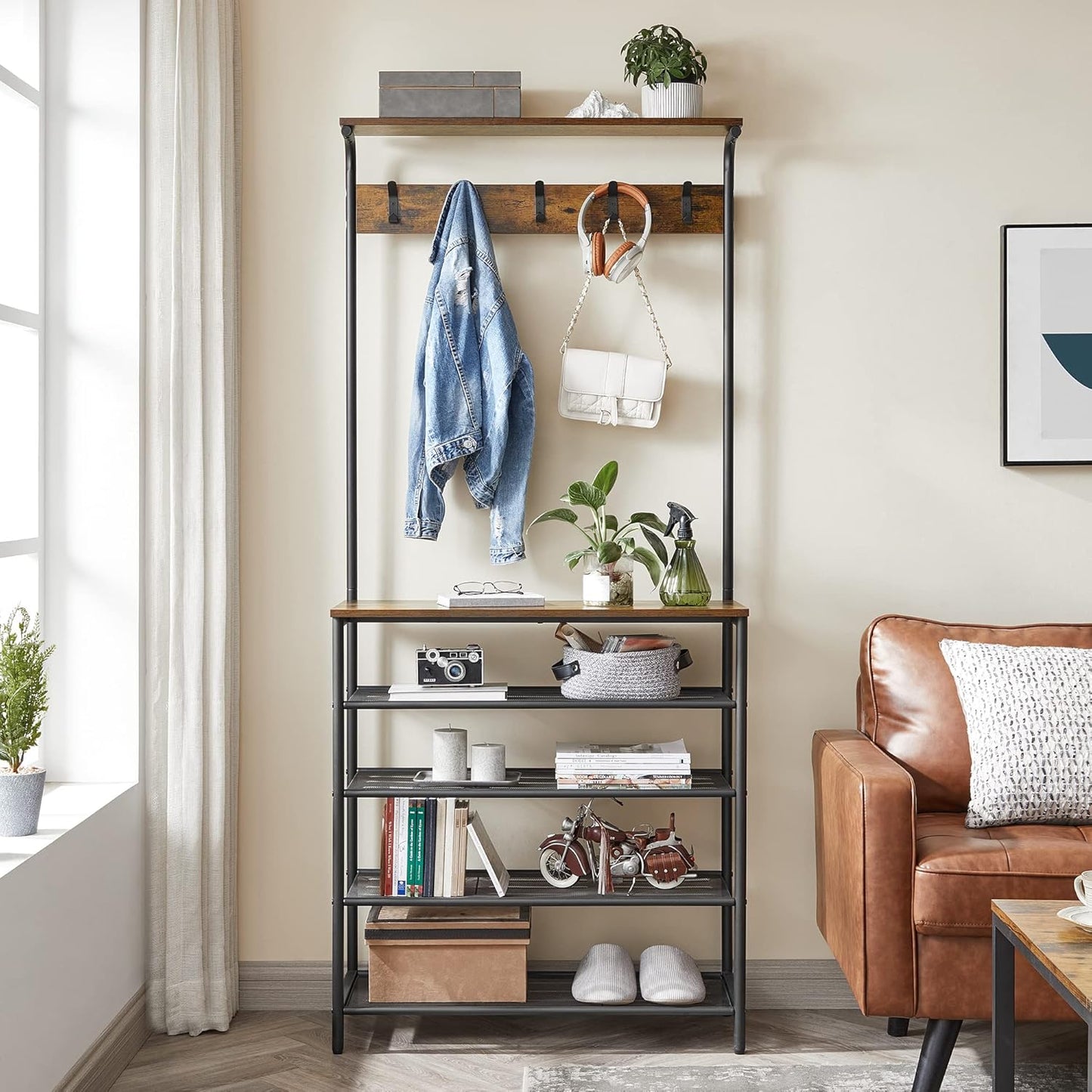Hall Tree with Shoe Bench, Coat Rack Shoe Bench, 5-Tier Shoe Rack Different Heights, 5 Dual Hooks, Top Shelf, Entryway Organizer, Hallway Bedroom Dorm, Rustic Brown and Black UHSR408B01