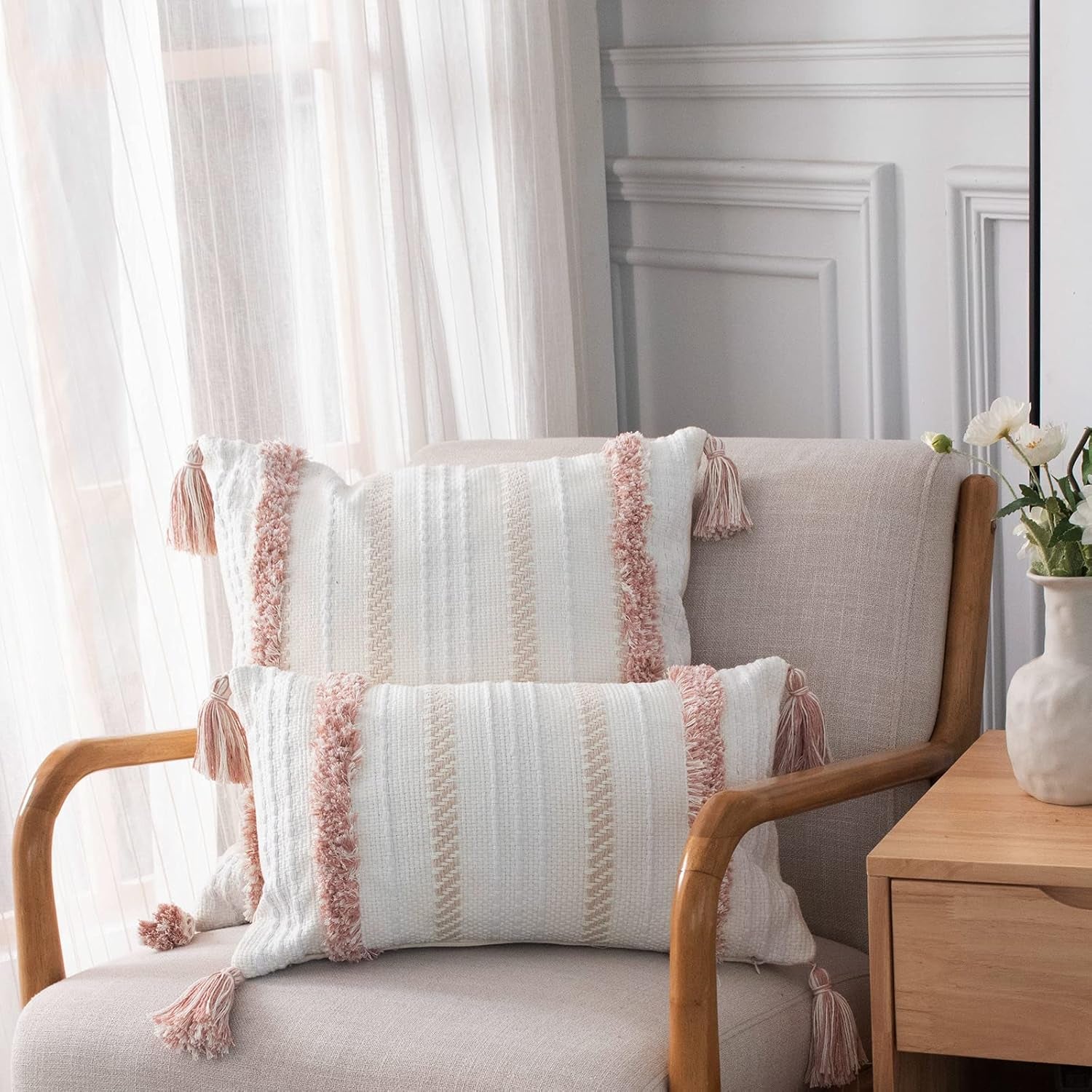 Boho Throw Pillow Covers Tufted Decorative Pillows Cover for Couch Bed Small Lumbar 12 X 20 Inch Pillow Cover, Modern Accent Farmhouse Neutral Throw Pillow Case, Pink