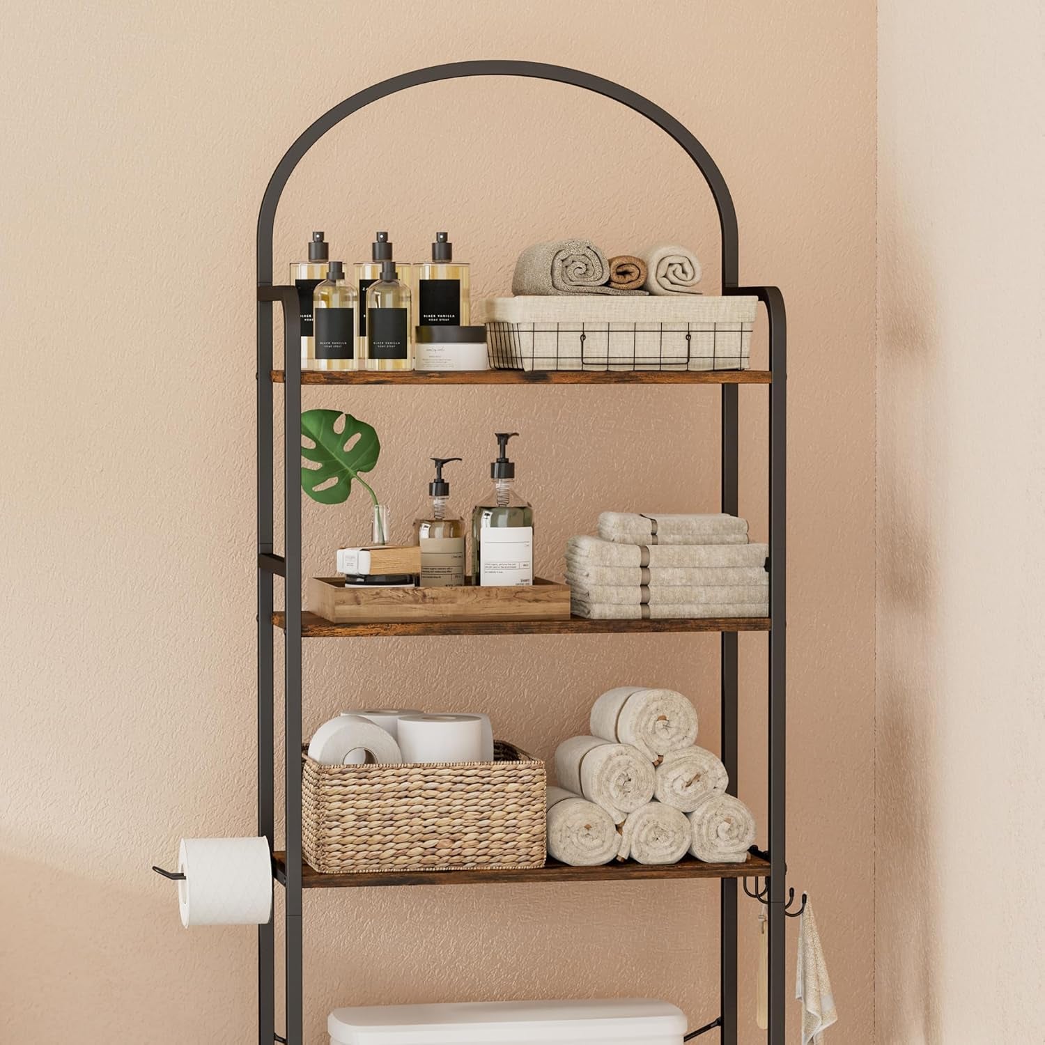 3-Tier over the Toilet Storage with 4 Hooks and Paper Holder, Space Saving, Bathroom Organizer with Adjustable Feet, Metal Frame and Wooden Shelf,Rustic Brown and Black