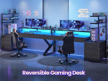 55" Gaming Desk with 6 Drawers, Corner Gaming Desk with Storage & LED Lights, Reversible PC Desk with Power Outlet, Corner Computer Desk with Hutch, Monitor Stand, Side Hook, Carbon Fiber Black