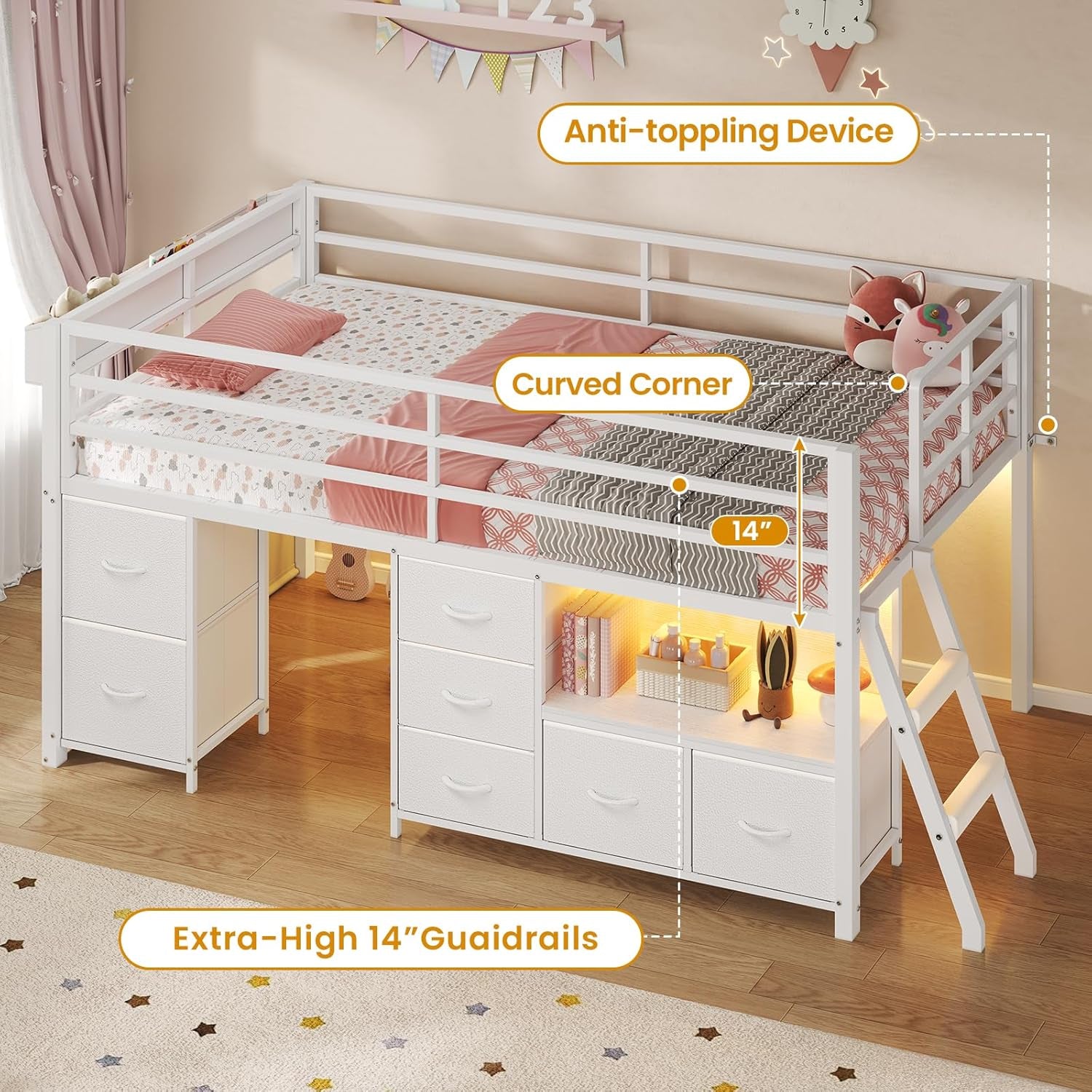 Low Loft Bed Twin Size with 7 Storage Drawers, Bookcase and LED Lights, Metal Kids Loft Bed with 14" H Safety Guardrail,Inclined Ladder and Play Curtain, Under-Bed Play Space, White