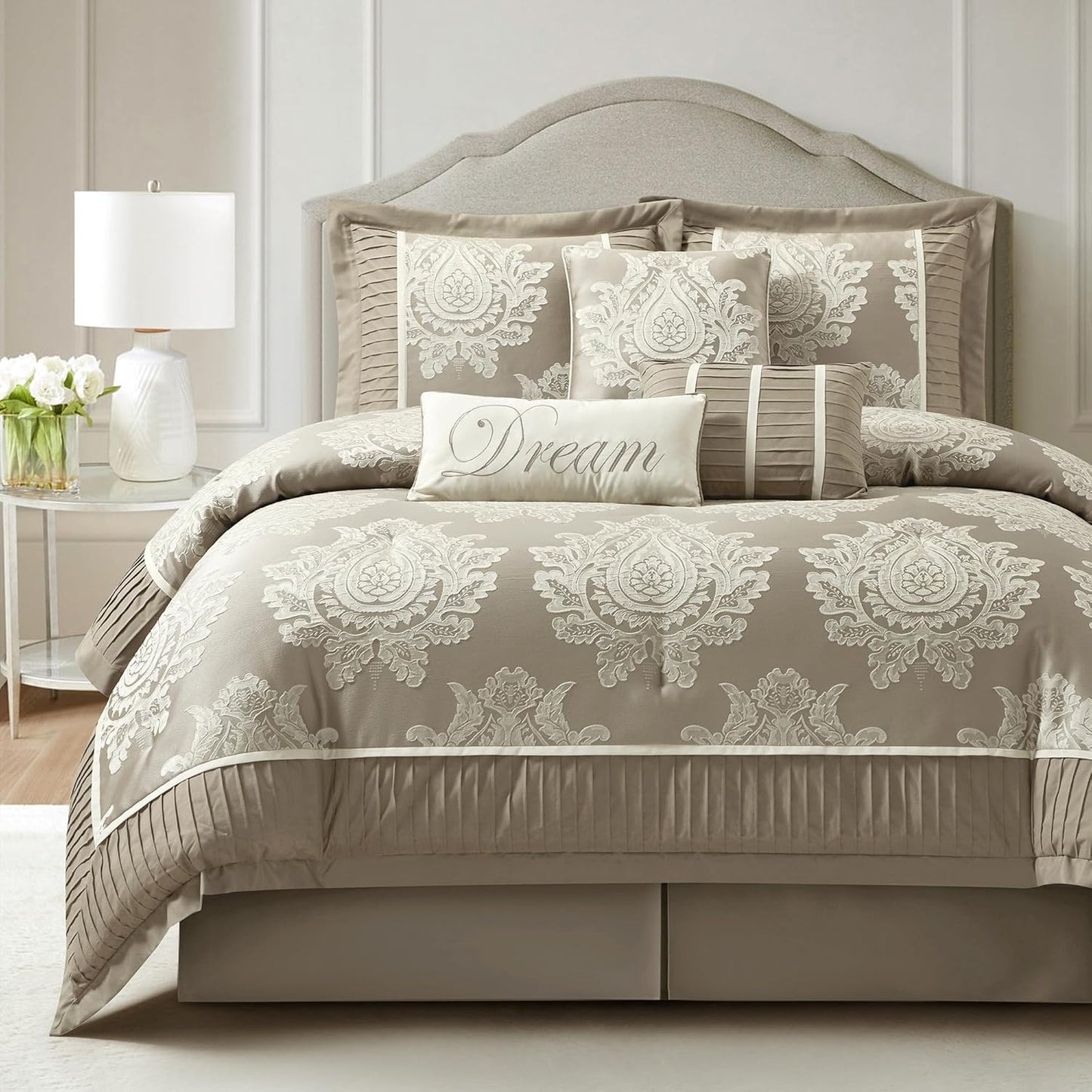 Beige King Size Comforter Set 7 Pieces, Jacquard Woven with Damask, Bedding Set in a Bag Includes Comforter, Bed Skirt, Pillow Shams, and Decorative Pillows