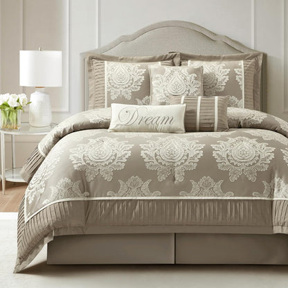 Beige King Size Comforter Set 7 Pieces, Jacquard Woven with Damask, Bedding Set in a Bag Includes Comforter, Bed Skirt, Pillow Shams, and Decorative Pillows