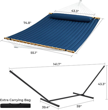 Hammock with Stand, 2 Person Quilted Outdoor Hammock, Detachable Pillow & Bamboo Spreaders, Portable Hammock with Carrying Bag, Heavy Duty Stand, Perfect for Outside, Patio, Navy Blue