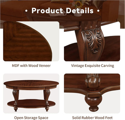 Wood Coffee Table Set with Storage Shelf Oval Coffee Tables and round Side Table for Living Room Farmhouse, Antique Elegant Carved Legs, Easy Assembly, Cherry