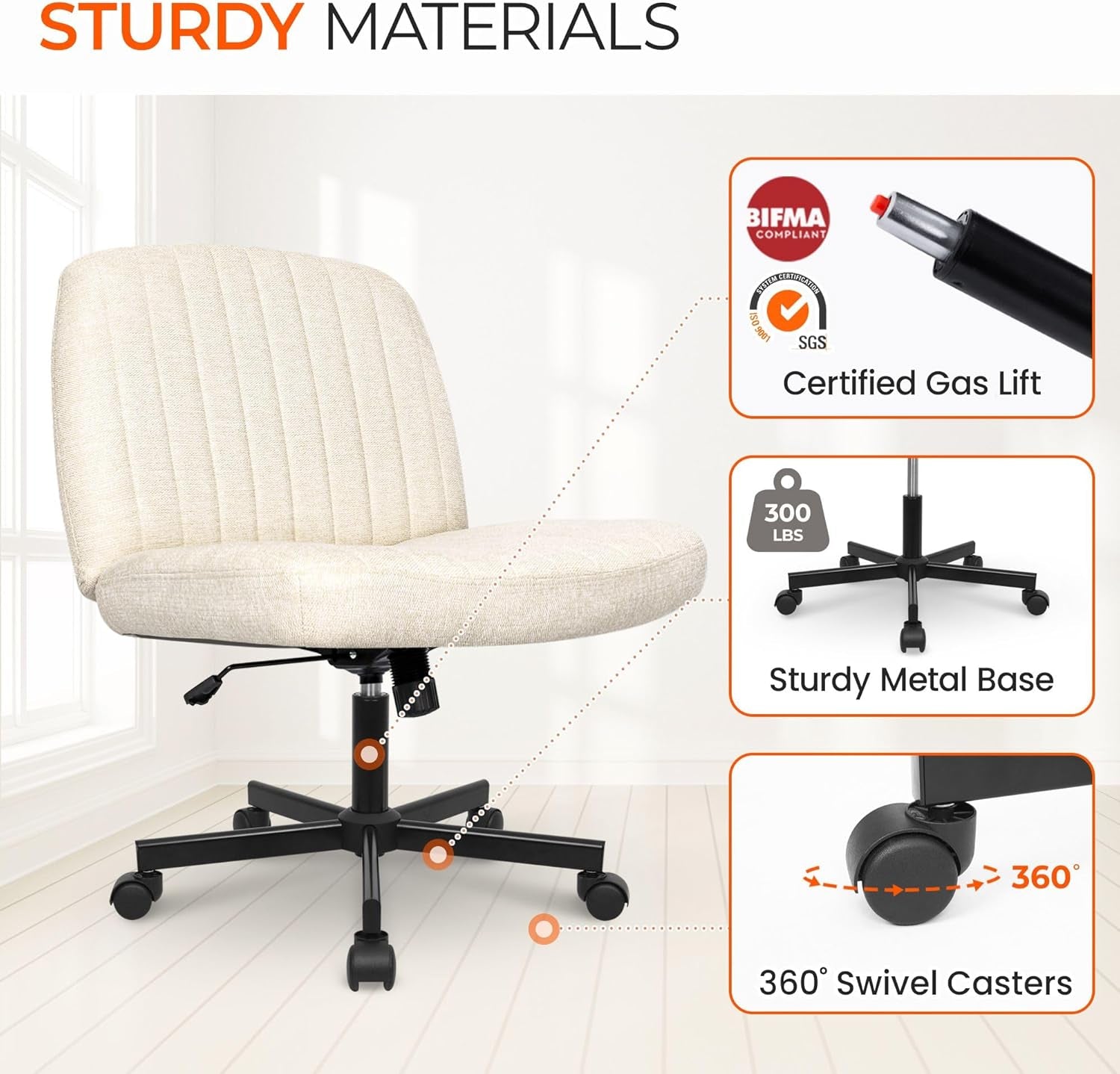 Criss Cross Chair Wheels Wide Cross Legged Office Desk Vanity Chair Comfy Fabric Armless Adjustable Swivel for Home Computer Task (Beige)