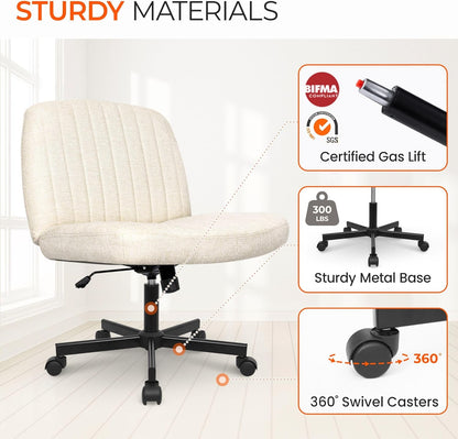 Criss Cross Chair Wheels Wide Cross Legged Office Desk Vanity Chair Comfy Fabric Armless Adjustable Swivel for Home Computer Task (Beige)