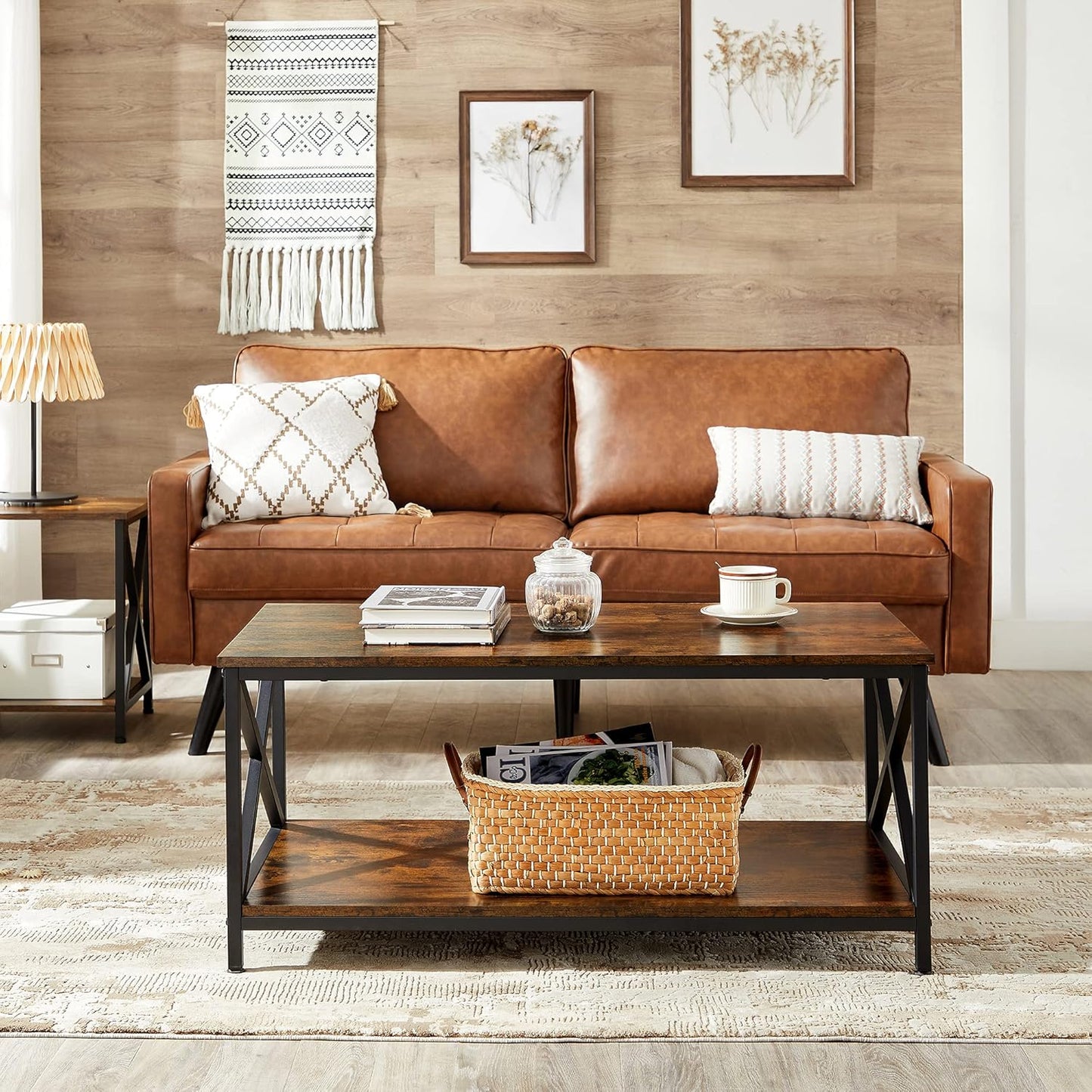 Coffee Table, Cocktail Table with Storage Shelf and X-Shape Steel Frame, Industrial Farmhouse Style, 39.4 X 21.7 X 17.7 Inches, Rustic Brown and Black ULCT200B01V1