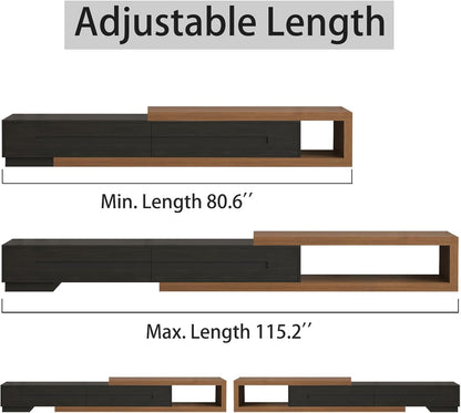 Extendable TV Stand with 2 Drawers, 80"-115" Modern Wood TV Console for up to 120 Inch TV, Long Reversible Entertainment Center with Storage for Living Room Bedroom, Black& Walnut