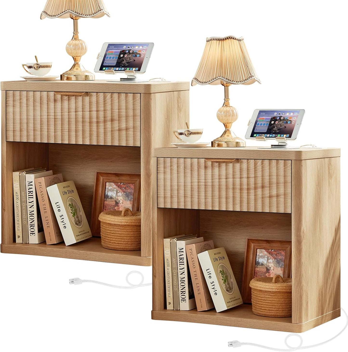 Fluted Farmhouse Nightstand Set of 2 with Charging Station, 23" Wide 1 Drawers End Table,Natural Dresser for Bedroom,Bed Side Table Chest of Drawers Cabinet,Wood Night Stand for Living Room