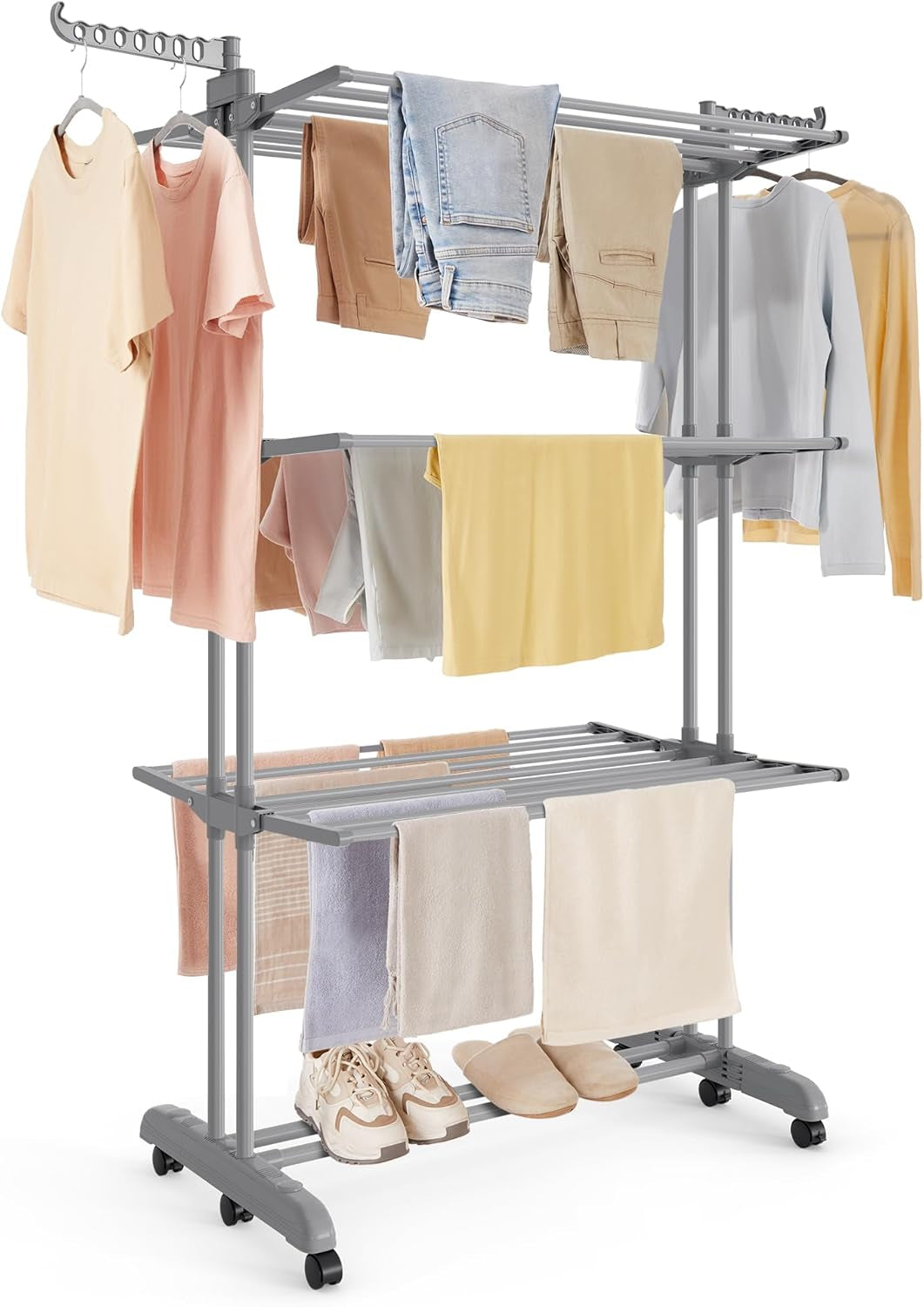 Clothes Drying Rack Stand 4-Tier, Foldable Laundry Drying Rack 68.1-Inch Tall, Stainless Steel, Rolling Clothes Horses Dryer Rack, Easy to Assemble, Indoor Outdoor Use, Cloud White ULLR701W03