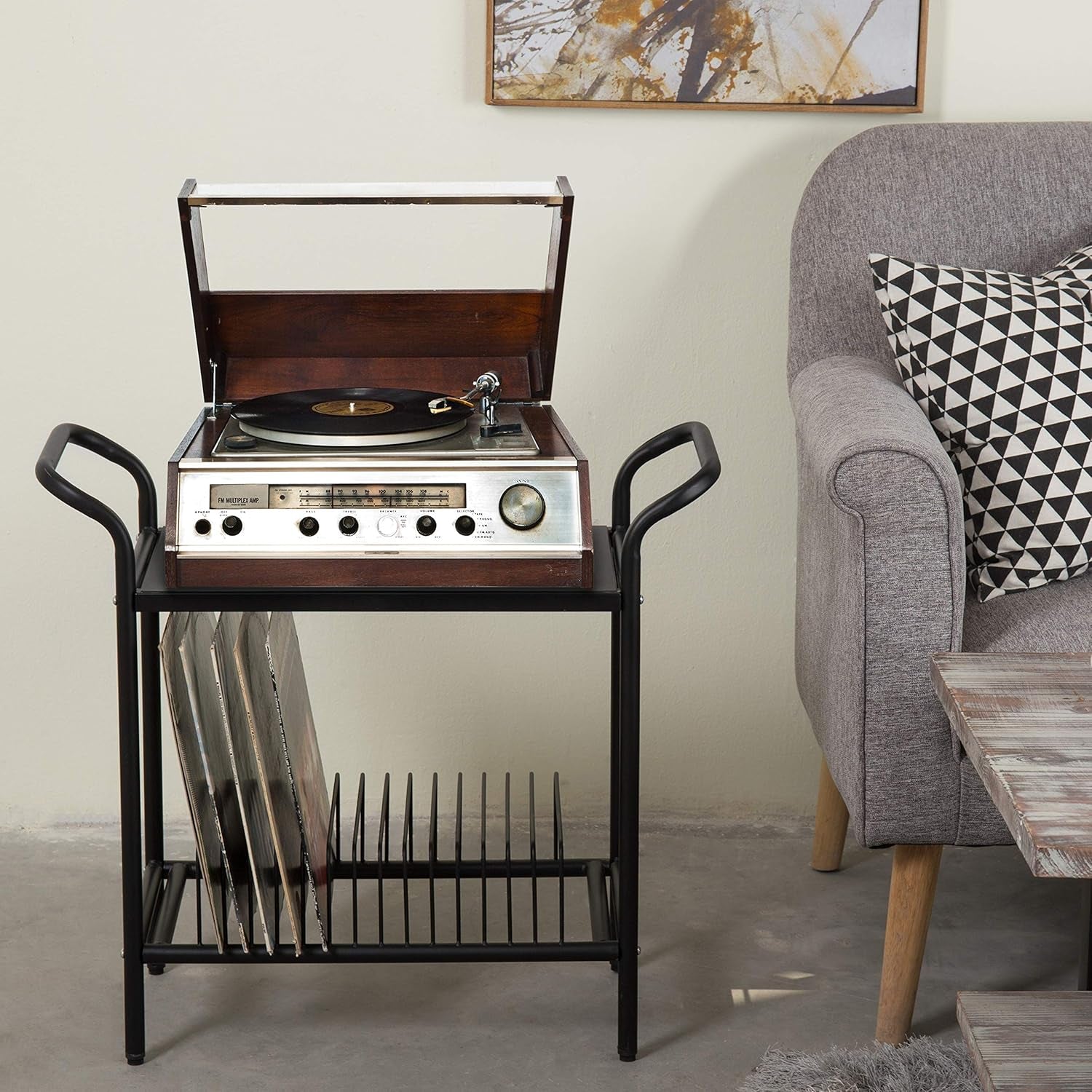 Modern Matte Black Metal Record Player Holder Stand with Vinyl Storage Organizer, Premium Quality 2 Tier Turntable Display Table Rack
